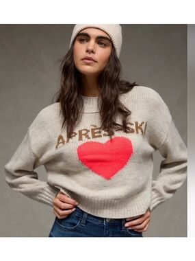NWT AE Apres Ski Sweater with Pink Heart and Brown Text